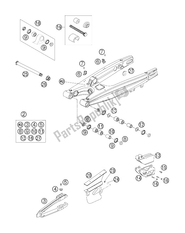 All parts for the Swingarm of the KTM 250 EXC SIX Days Europe 2006