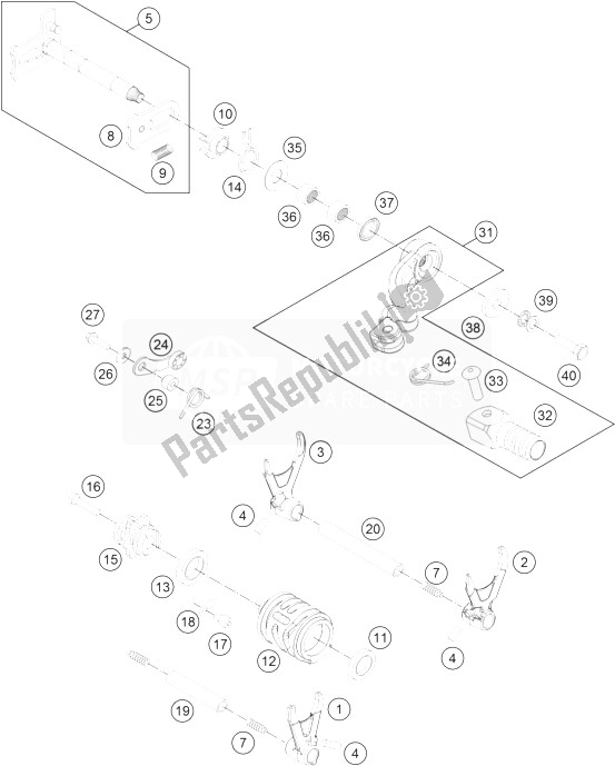 All parts for the Shifting Mechanism of the KTM Freeride 250 R Australia 2014 All parts for the Shifting Mechanism of the KTM Freeride 250 R Australia 2014