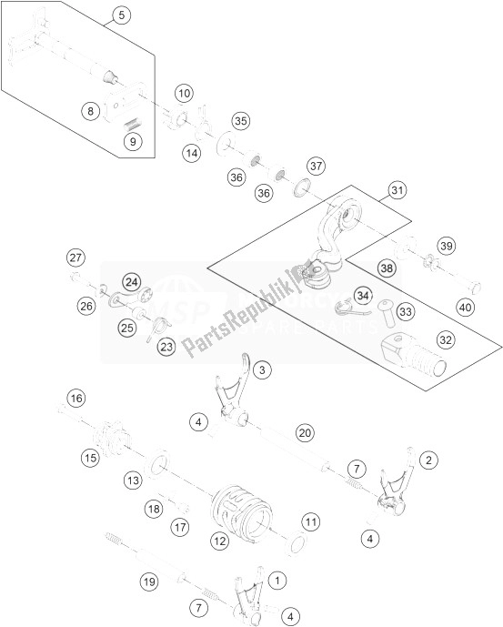 All parts for the Shifting Mechanism of the KTM Freeride 250 R Europe 2014