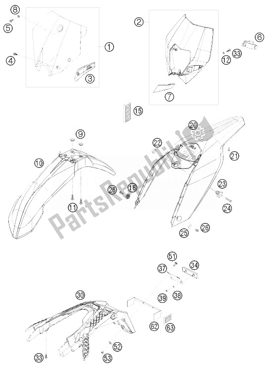 All parts for the Mask, Fenders of the KTM 530 EXC Champion Edit USA 2010