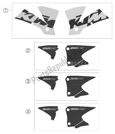 All parts for the Decal 250/300 of the KTM 250 EXC USA 2003