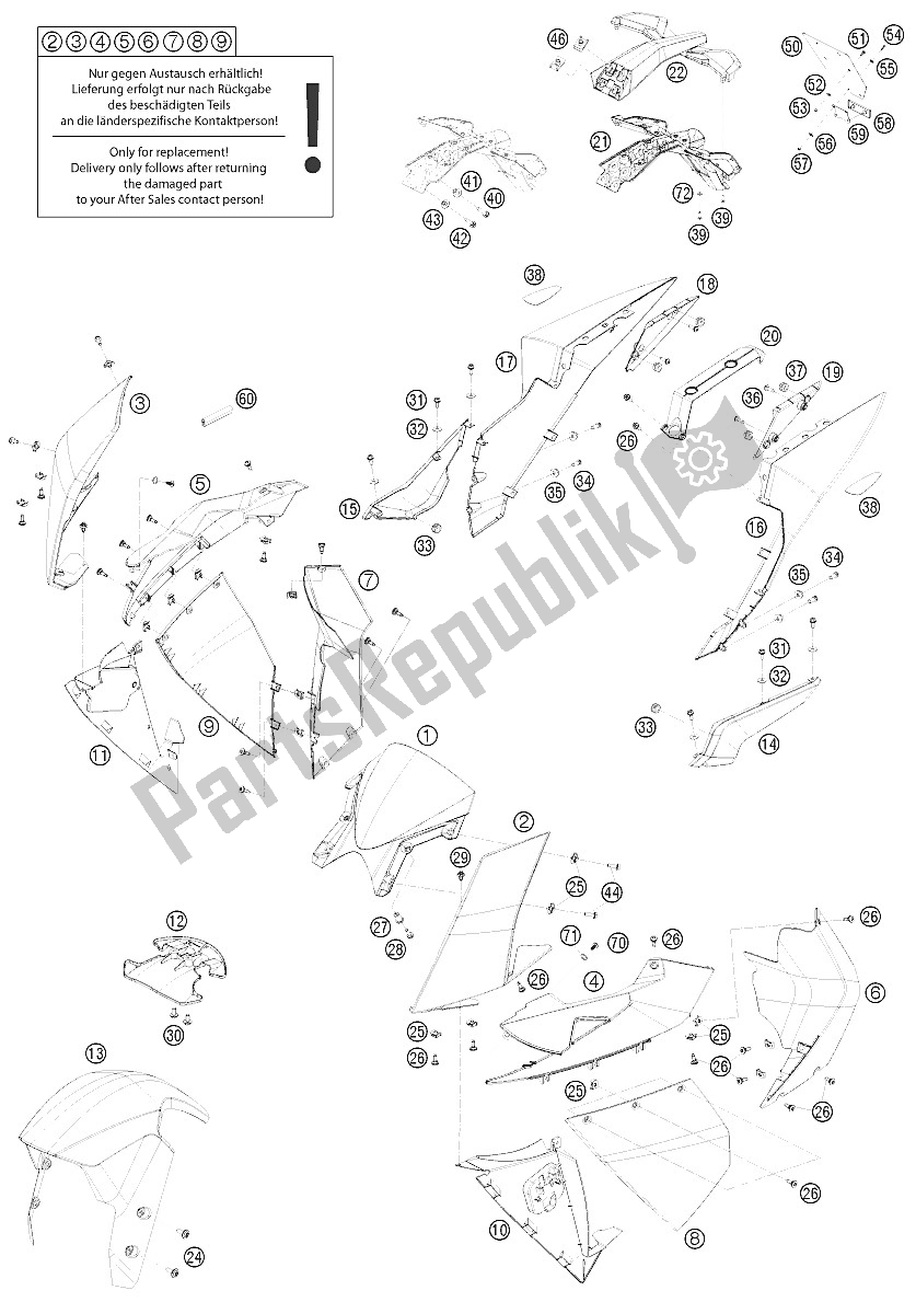 All parts for the Mask, Fenders of the KTM 1190 RC 8R LIM ED Red Bull 09 Europe 2009