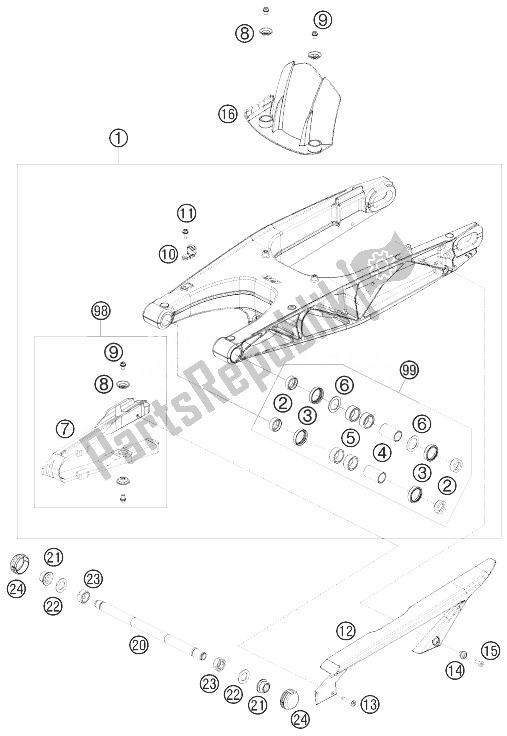 Toutes les pièces pour le Bras Oscillant du KTM 690 Supermoto Black Australia United Kingdom 2007