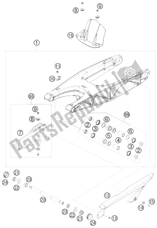 Todas las partes para Brazo Oscilante de KTM 690 Supermoto Black Europe 2007