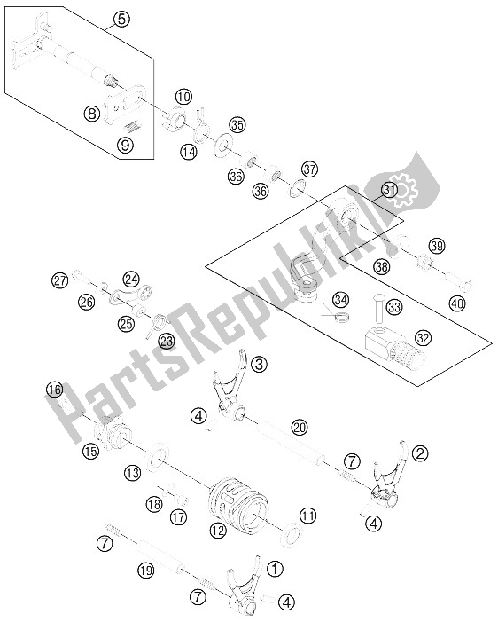 All parts for the Shifting Mechanism of the KTM 250 EXC Australia 2012