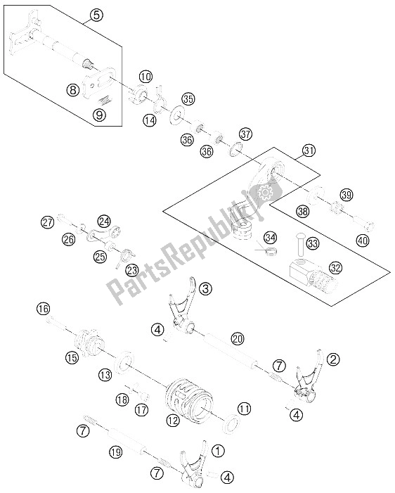 All parts for the Shifting Mechanism of the KTM 250 EXC SIX Days Europe 2012