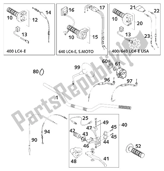 All parts for the Handlebar, Controls of the KTM 640 LC 4 Super Moto USA 2001