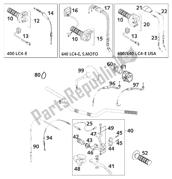 All parts for the Handlebar, Controls of the KTM 640 LC4 E SIX Days Europe 2001