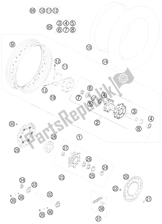 All parts for the Rear Wheel of the KTM 990 Adventure S USA 2008