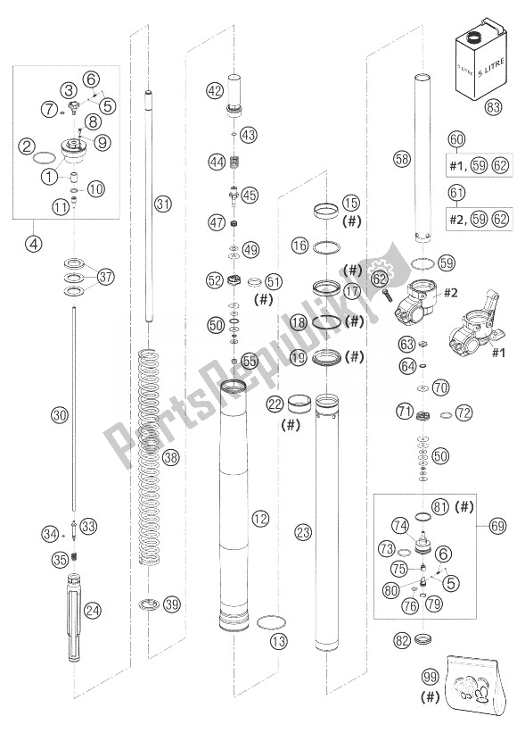 All parts for the Fork Legs Wp Usd 43 of the KTM 625 SXC Europe 2004