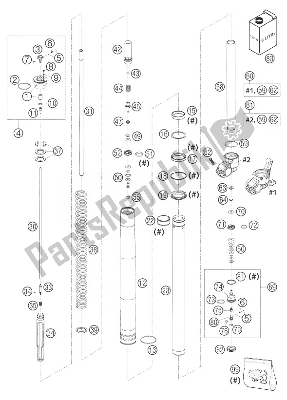 All parts for the Fork Legs Wp Usd 43 of the KTM 625 SXC USA 2004