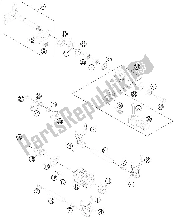 All parts for the Shifting Mechanism of the KTM 350 EXC F Australia 2012