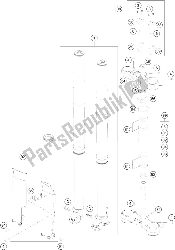 All parts for the Front Fork, Triple Clamp of the KTM 125 EXC Europe 2015