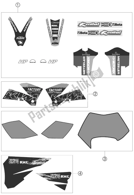 All parts for the Decal of the KTM 525 EXC Factory Racing Australia 2007