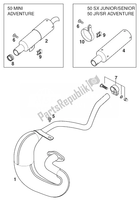 All parts for the Muffler 50sxr '99 of the KTM 50 Mini Adventure 99 Europe 1999