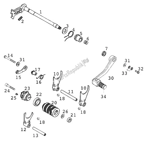 All parts for the Shifting Mechanism Lc4-e of the KTM 640 Duke II ROT Europe 2001