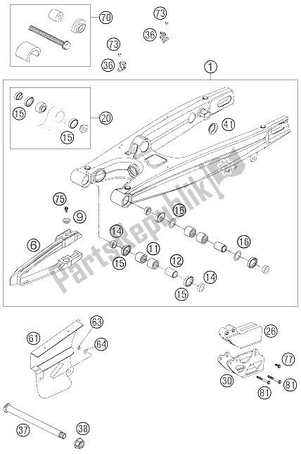 All parts for the Swing Arm of the KTM 400 EXC G Racing USA 2006