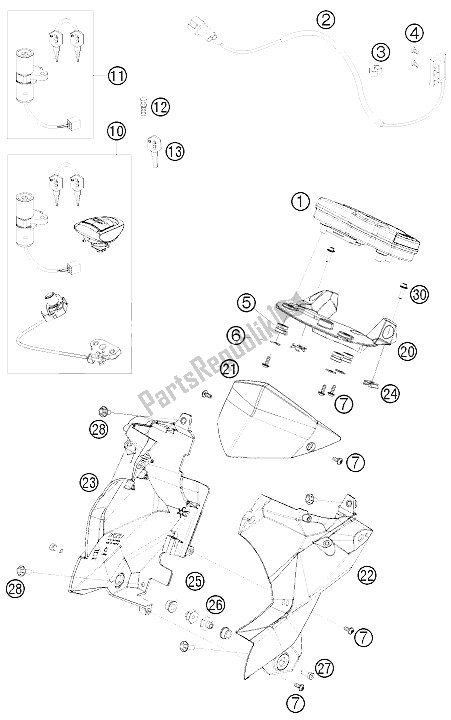 Alle onderdelen voor de Instrumenten / Sluitsysteem van de KTM 690 Duke Orange USA 2009