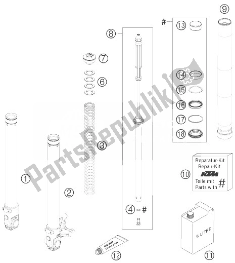 All parts for the Front Fork Dissasembled of the KTM 690 Supermoto Orange Europe 2007