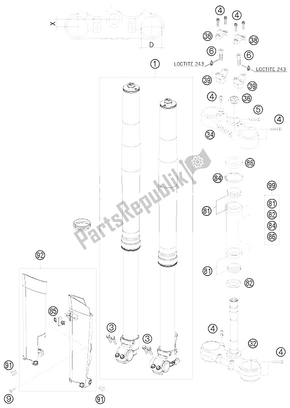 All parts for the Front Fork, Triple Clamp of the KTM 250 XCF W USA 2008