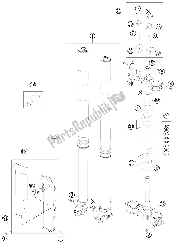 All parts for the Front Fork, Triple Clamp of the KTM 250 SX F Roczen Replica 12 Europe 2012