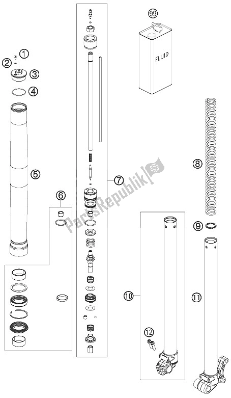 Alle onderdelen voor de Voorvork Gedemonteerd van de KTM 65 SX Europe 2016