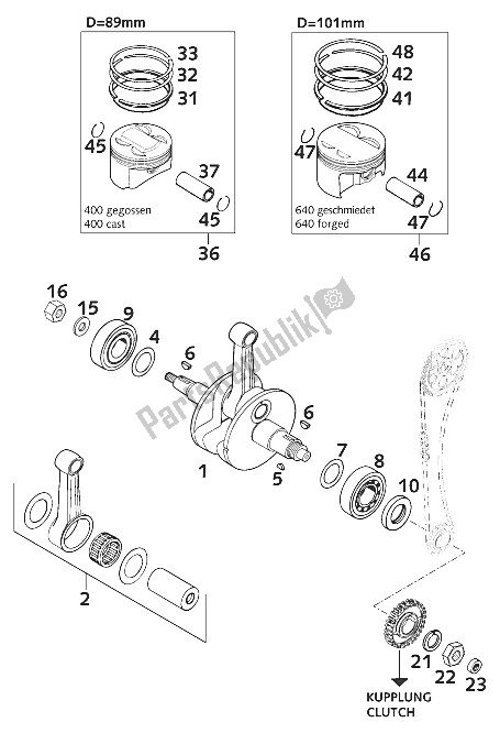 Toutes les pièces pour le Vilebrequin, Piston 400/640 Lc4 du KTM 400 LC4 E USA 2001