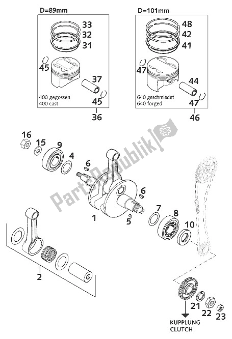 All parts for the Crankshaft, Piston 400/640 Lc4 of the KTM 640 Duke II Lime United Kingdom 2001