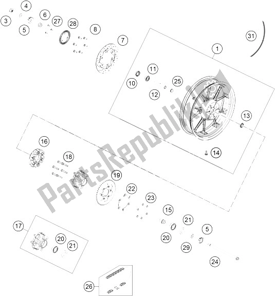 All parts for the Rear Wheel of the KTM RC 390 White ABS CKD 15 Brazil 2015