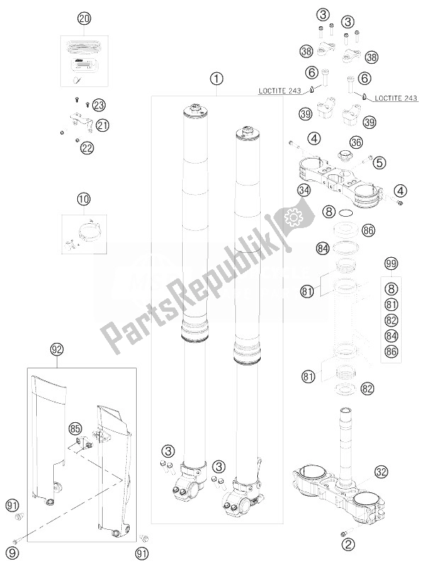 All parts for the Front Fork, Triple Clamp of the KTM 250 SX F Fact Repl Musq ED 10 Europe 2010