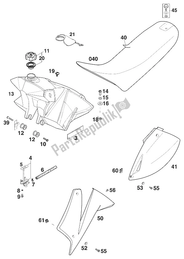 Todas las partes para Depósito - Asiento - Tapa Sc 2000 de KTM 620 SC Australia 2000