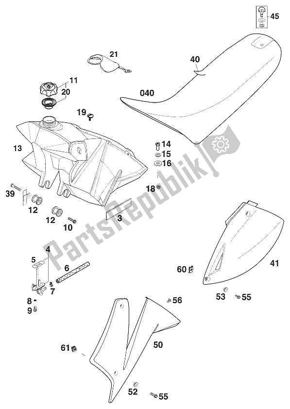 Tutte le parti per il Serbatoio - Sedile - Coperchio Sc 2000 del KTM 620 SC Super Moto Europe 2000