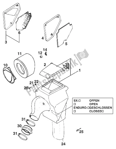 Alle onderdelen voor de Luchtfilterkast 125 '95 van de KTM 125 SX Marz OHL USA 1995