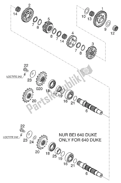 All parts for the Transmission Ii of the KTM 640 Duke II Europe 2000