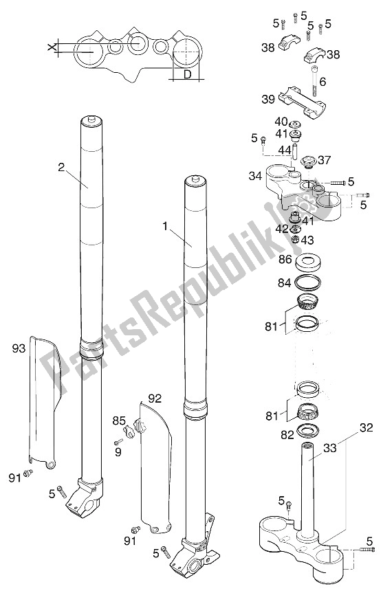 Tutte le parti per il Forcella Anteriore - Attacco Manubrio Usd43 Wp 400/640 Lc4 del KTM 400 LC4 E Europe 932606 2000