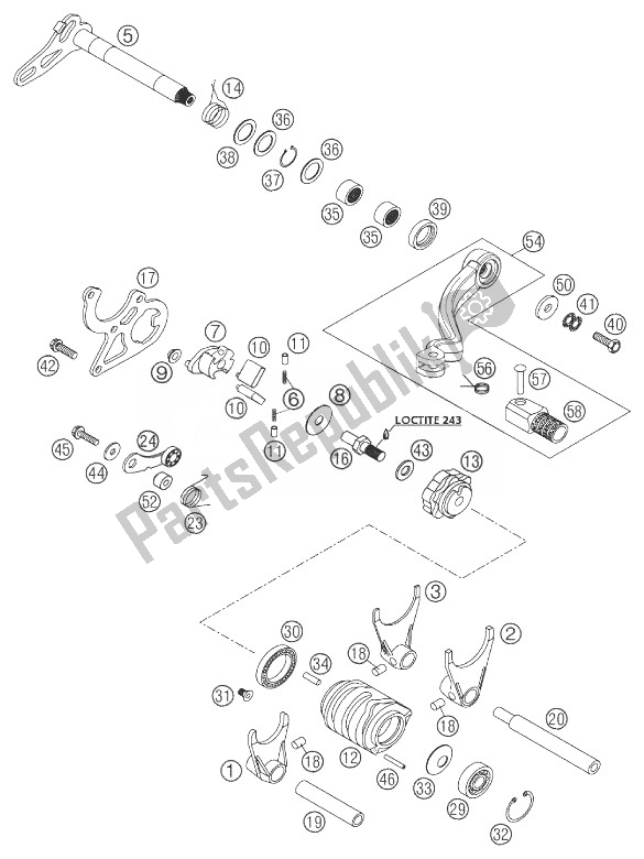 All parts for the Shift Mechansim 125/200 of the KTM 200 EXC USA 2003