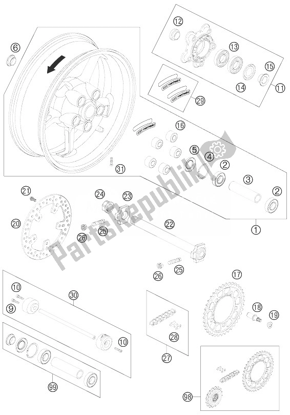 All parts for the Rear Wheel of the KTM 990 Super Duke R Australia United Kingdom 2013