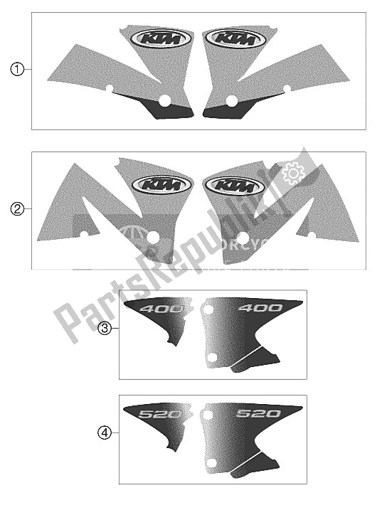 Tutte le parti per il Set Di Decalcomanie Racing 2002 del KTM 250 EXC Racing Europe 2002