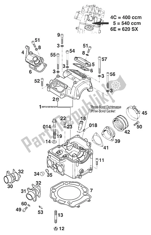 Tutte le parti per il Testata 400-540-620 Lc4 ' del KTM 400 SXC USA 2000