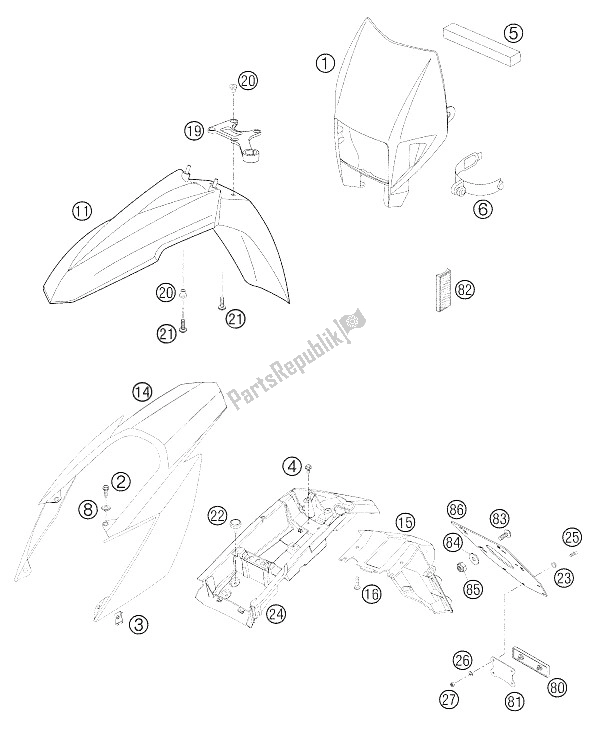 All parts for the Mask, Fenders of the KTM 625 SMC Australia United Kingdom 2006