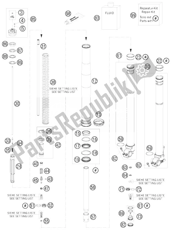 All parts for the Front Fork Disassembled of the KTM 125 EXC Champion Edition Europe 2010