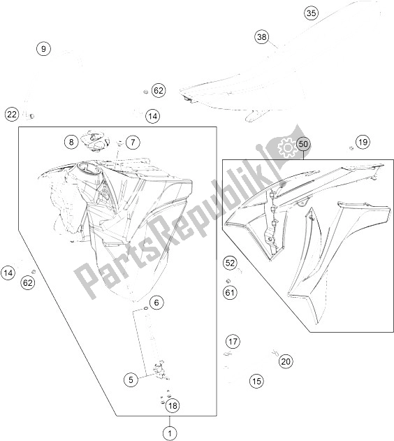 Tutte le parti per il Serbatoio, Sedile, Coperchio del KTM 250 EXC Australia 2016