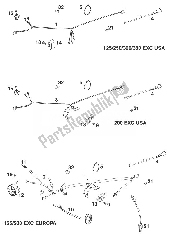 Tutte le parti per il Cablaggio Ecc. 125-200 '98 del KTM 125 EXC Europe 1998