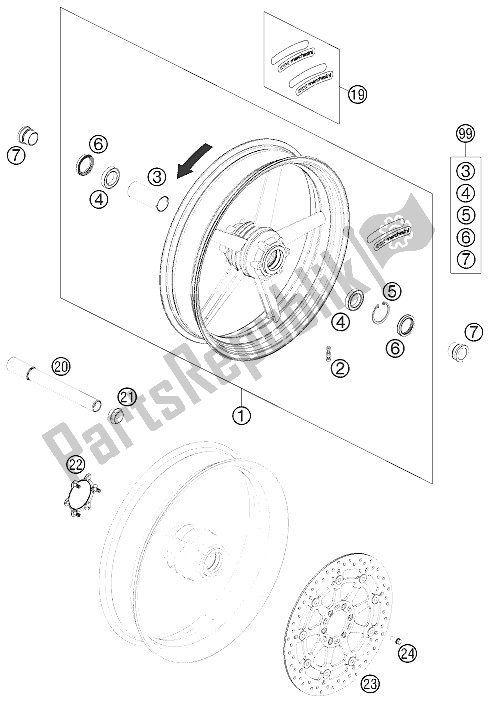 All parts for the Front Wheel of the KTM 690 Duke R Australia United Kingdom 2011