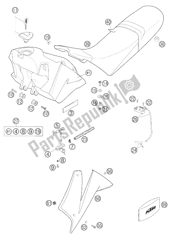 Todas las partes para Tanque, Asiento, Tapa de KTM 640 LC4 Supermoto Black 06 Europe 2006