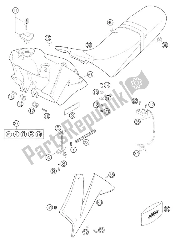 Toutes les pièces pour le Réservoir, Siège, Couverture du KTM 640 LC4 Supermoto Prestige 06 Europe 2006