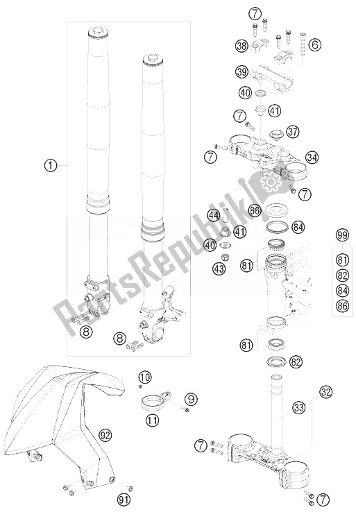 Tutte le parti per il Forcella Anteriore, Pinza Tripla del KTM 690 Duke R Australia United Kingdom 2010