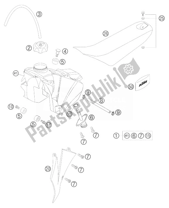 Todas as partes de Tanque, Assento, Tampa do KTM 50 SX Europe 2007