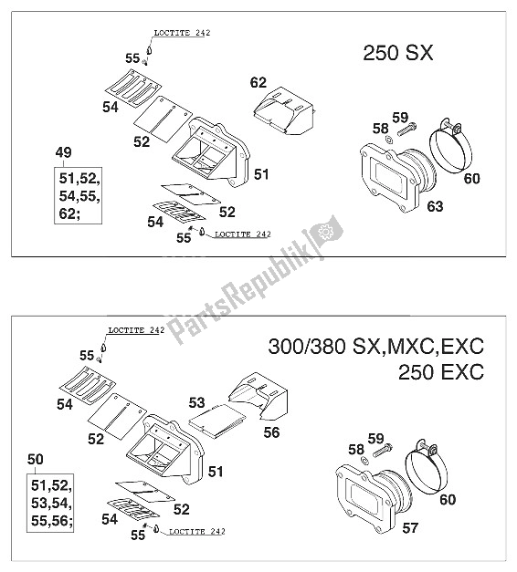 Tutte le parti per il Corpo Valvola Lamellare 250/300/380 del KTM 250 SX USA 2000