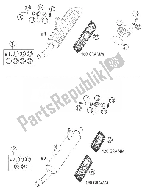 Tutte le parti per il Silenziatore 125 del KTM 125 EXC Europe 2004